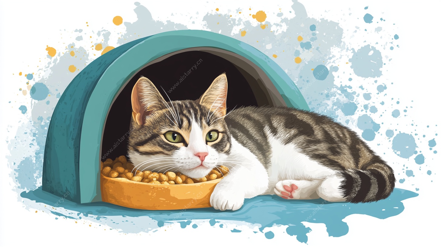 猫咪惬意窝中享美食