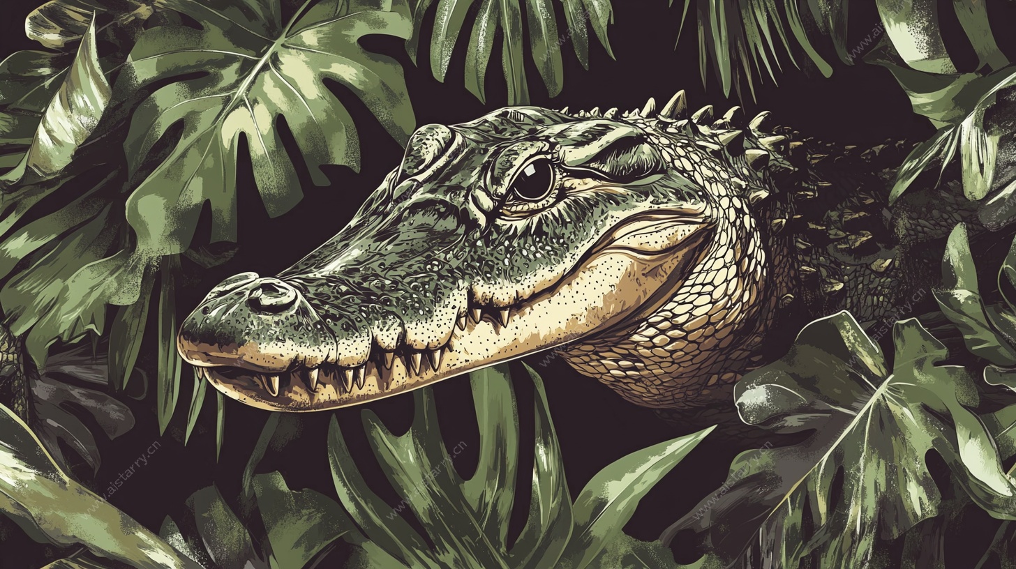 丛林中的鳄鱼头特写