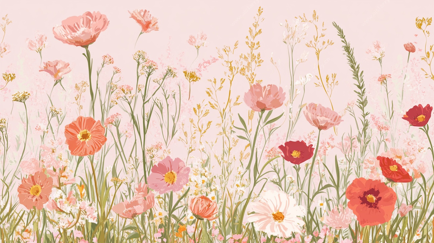 粉色花卉田园风插画