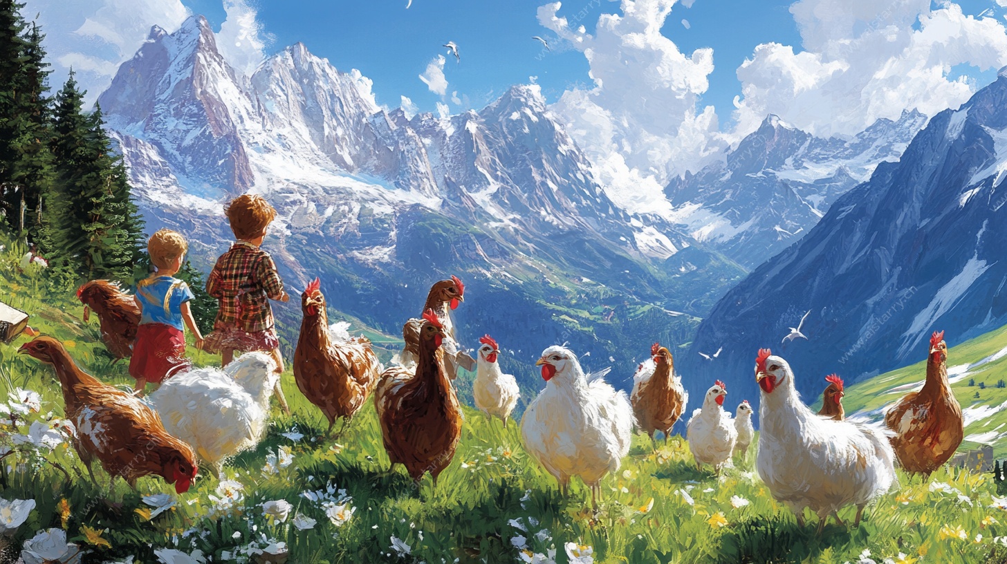 山间童趣 孩子与鸡群赏景