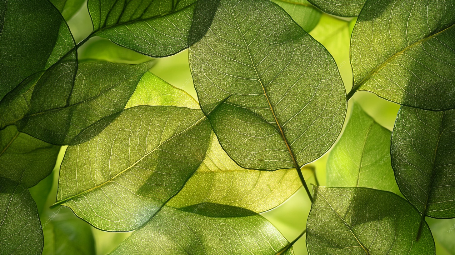 光影下的翠绿叶片