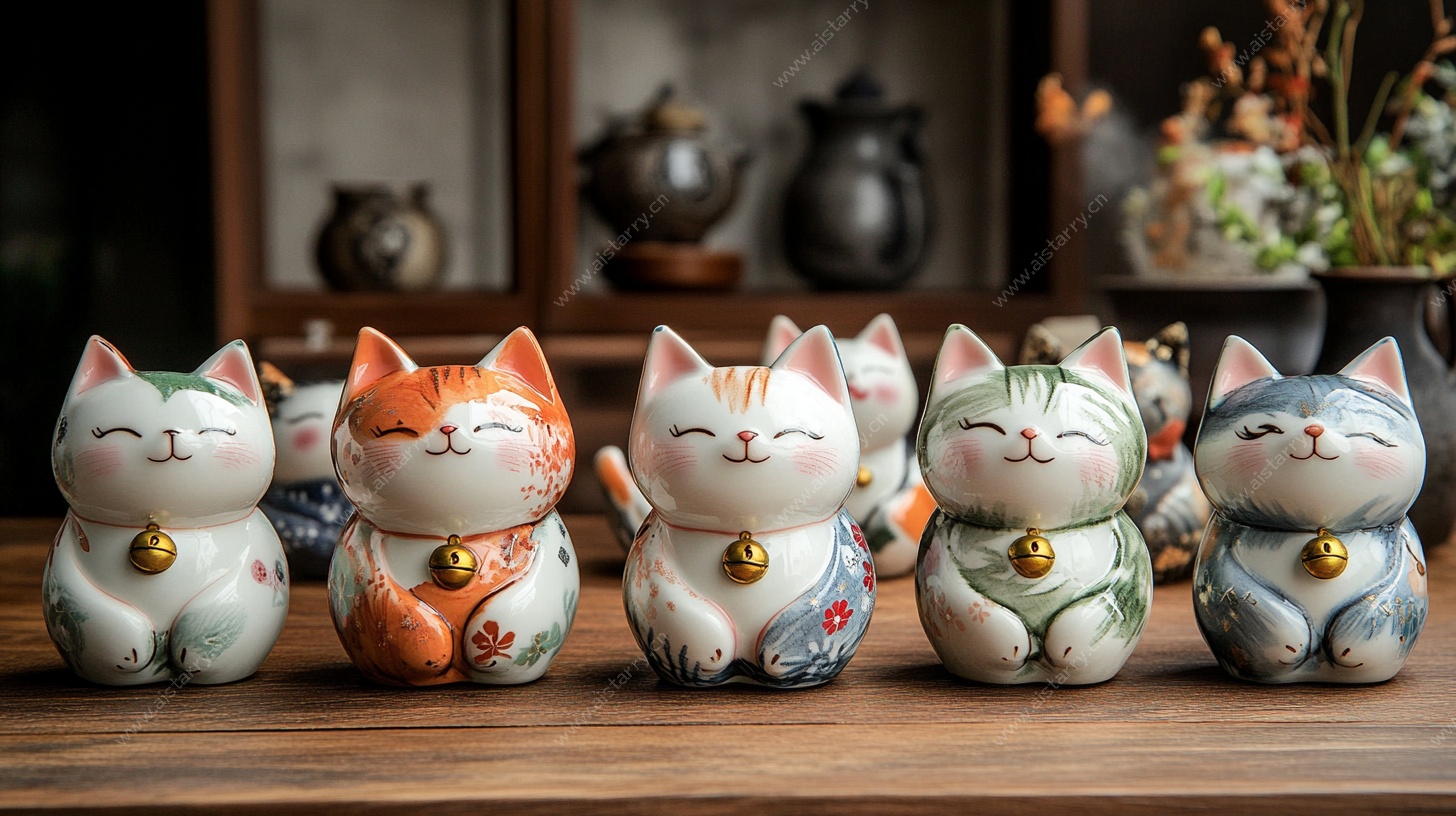 可爱招财猫摆件整齐陈列