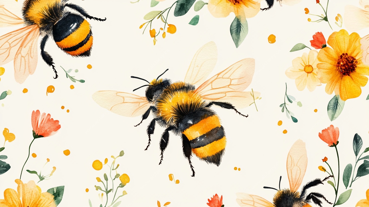 蜜蜂花卉水彩图案