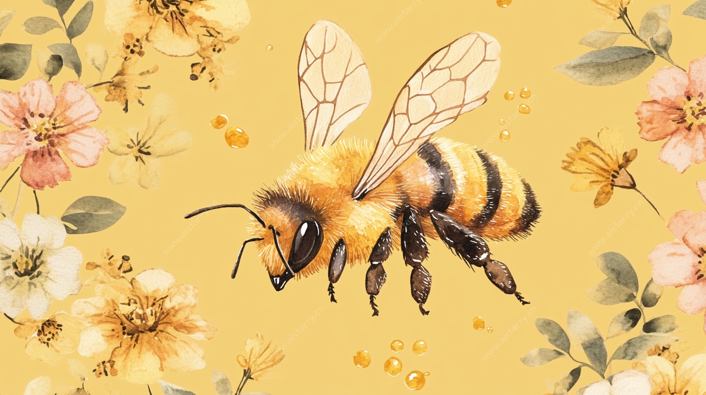 蜜蜂于繁花间飞舞插画