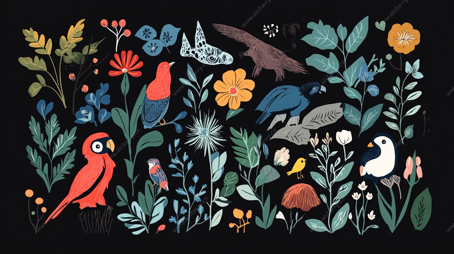 森林中的多彩鸟类花卉绘