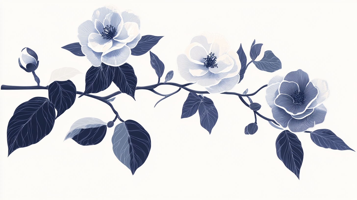 蓝白花卉枝插画