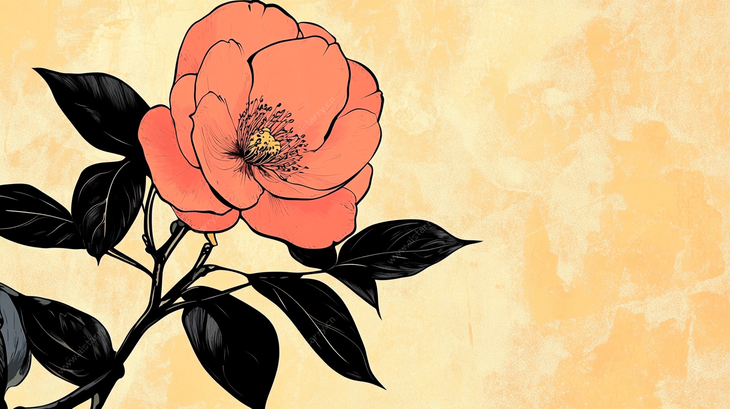 复古风单枝山茶花插画