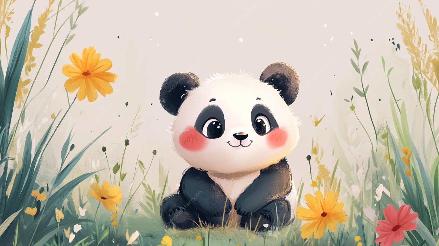 可爱熊猫坐于花草间
