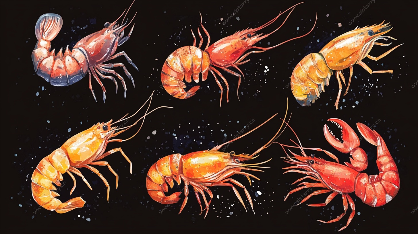 多彩手绘鲜虾集合图