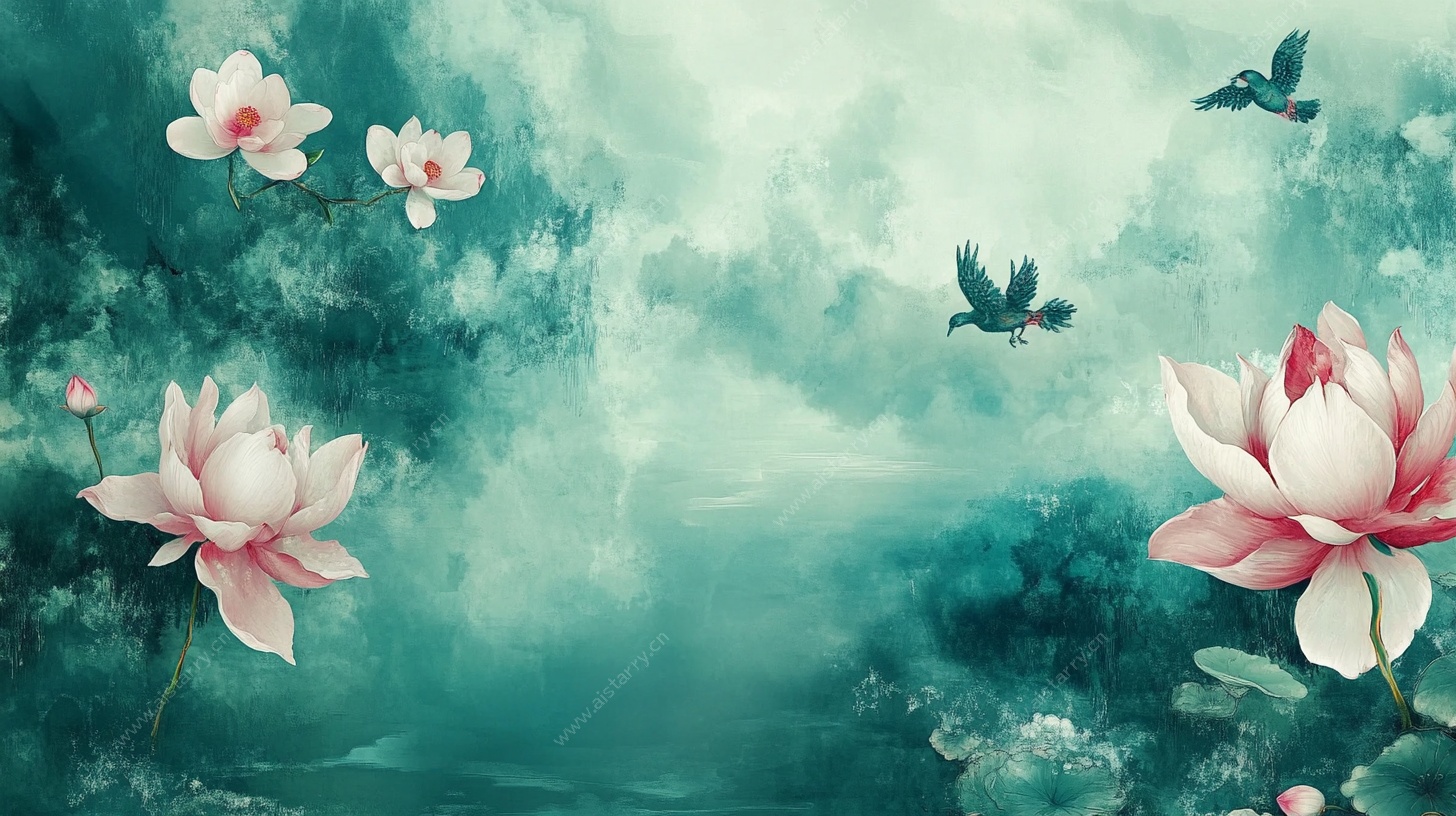 水墨荷花飞鸟诗意图景