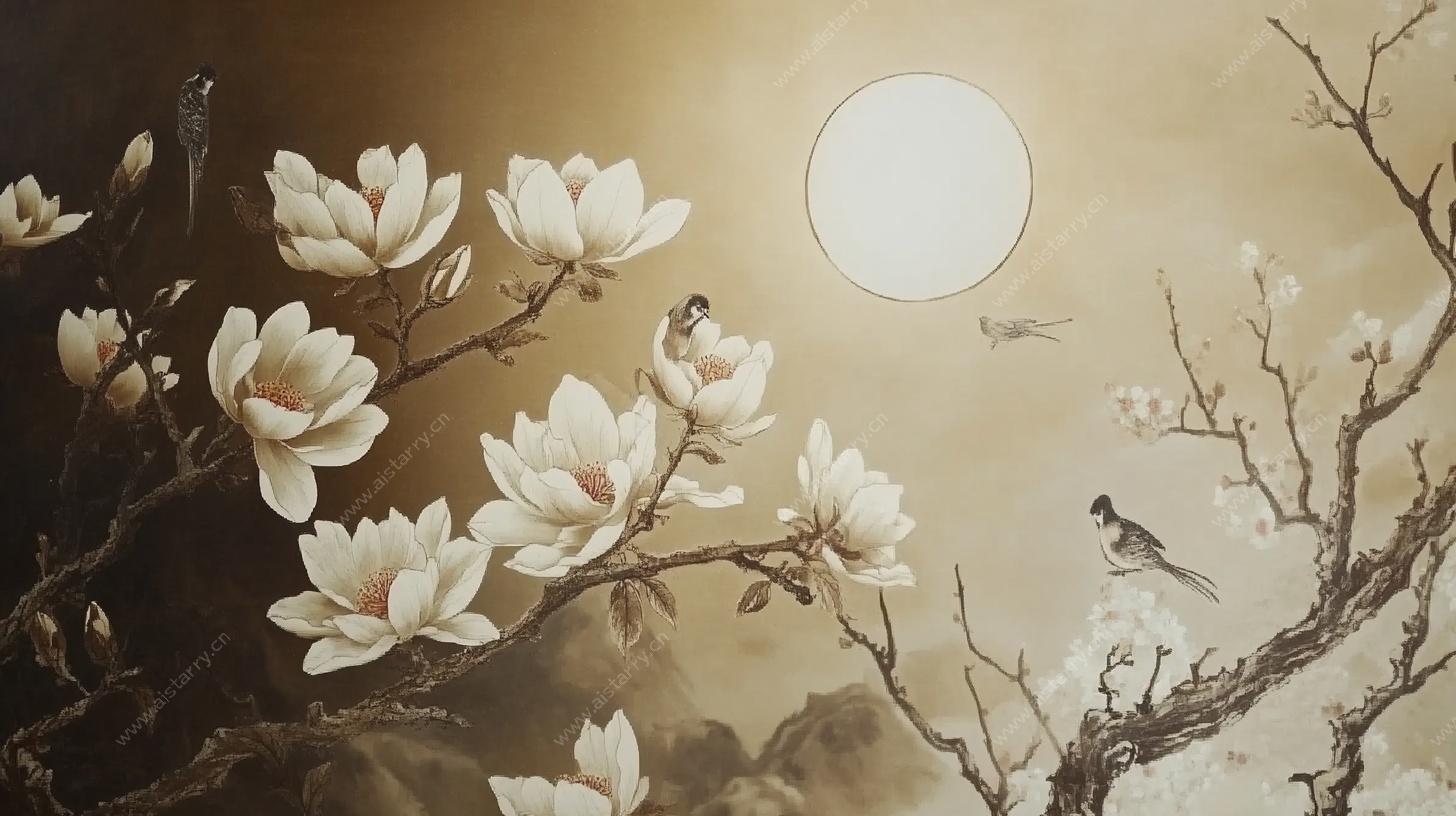 玉兰花下鸟儿伴日景