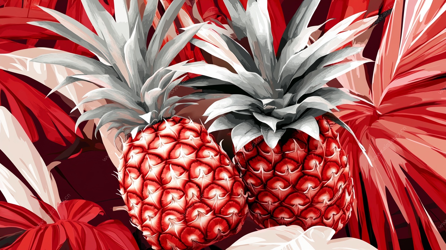 红底双菠萝热带插画