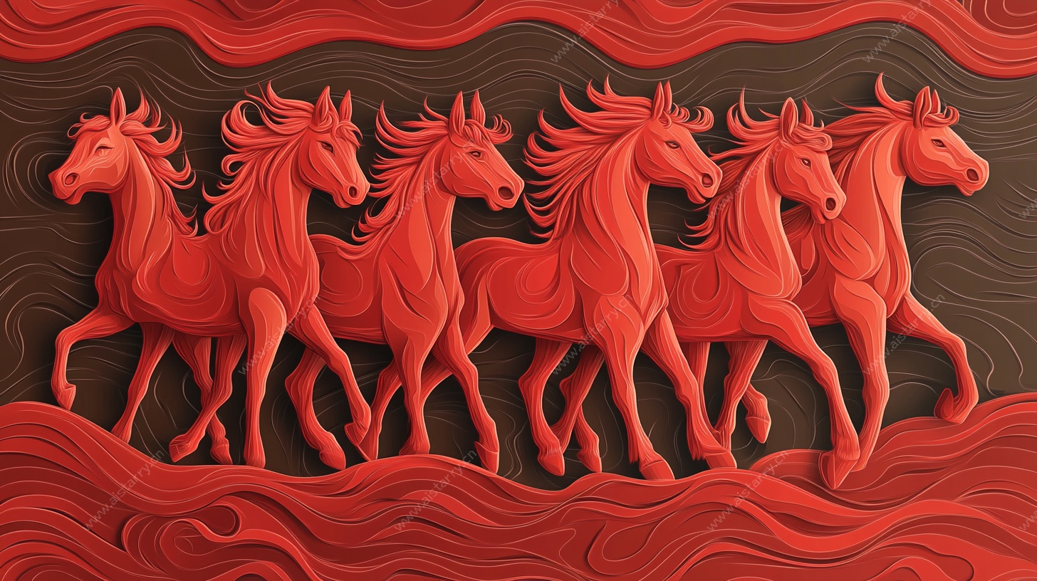 红马奔腾剪纸风插画