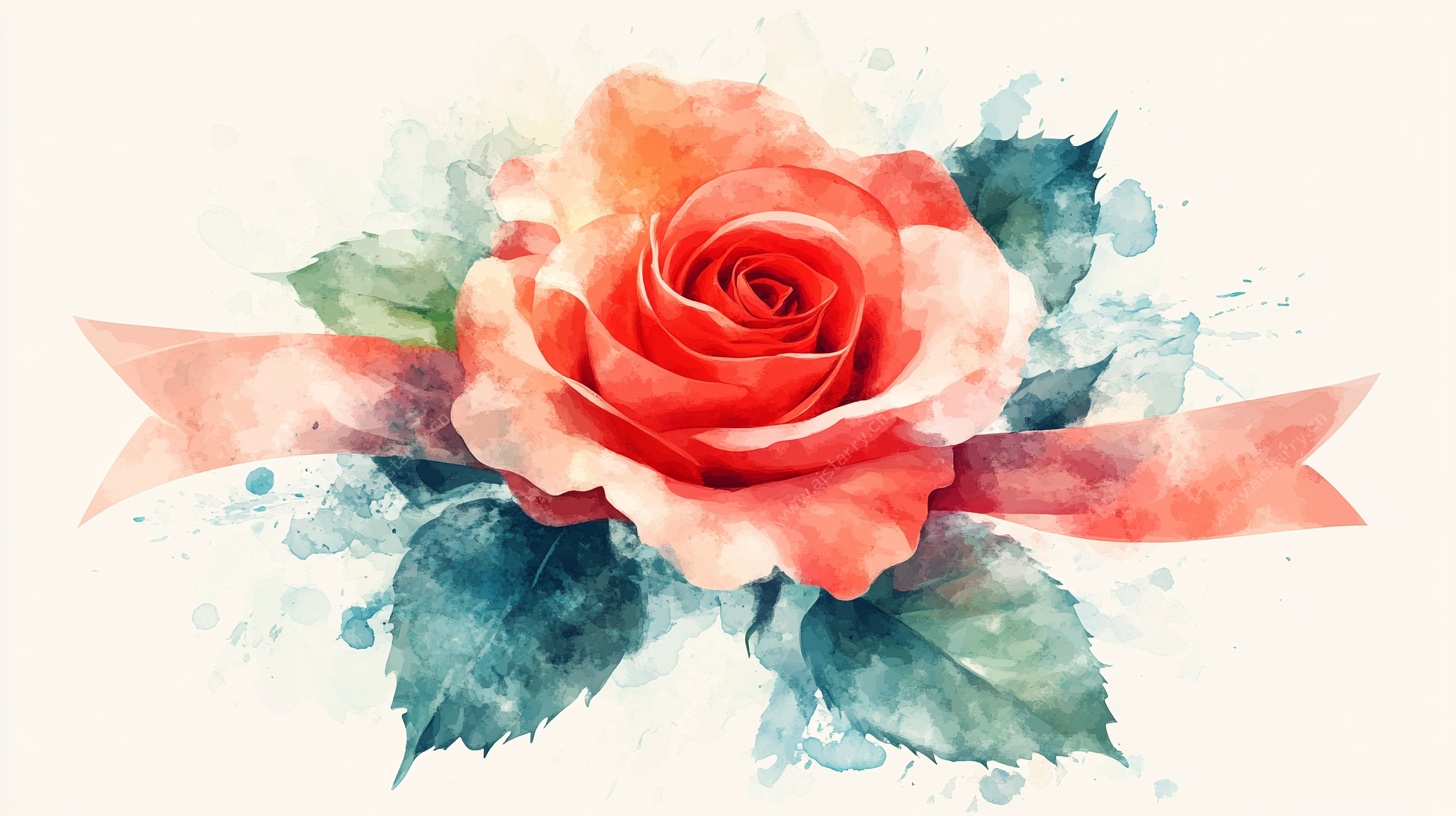 水彩绘红玫瑰与飘带