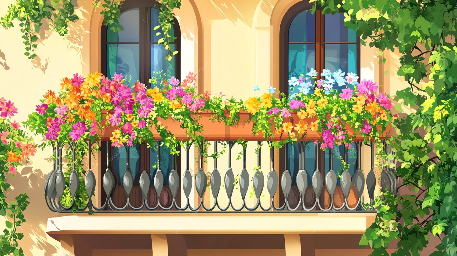 多彩鲜花装饰的浪漫阳台