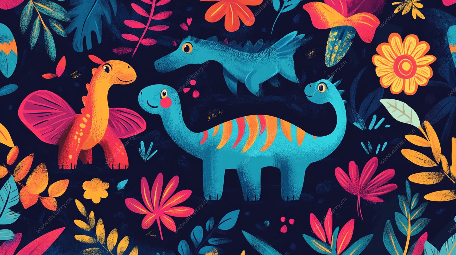 可爱恐龙的奇幻花卉世界