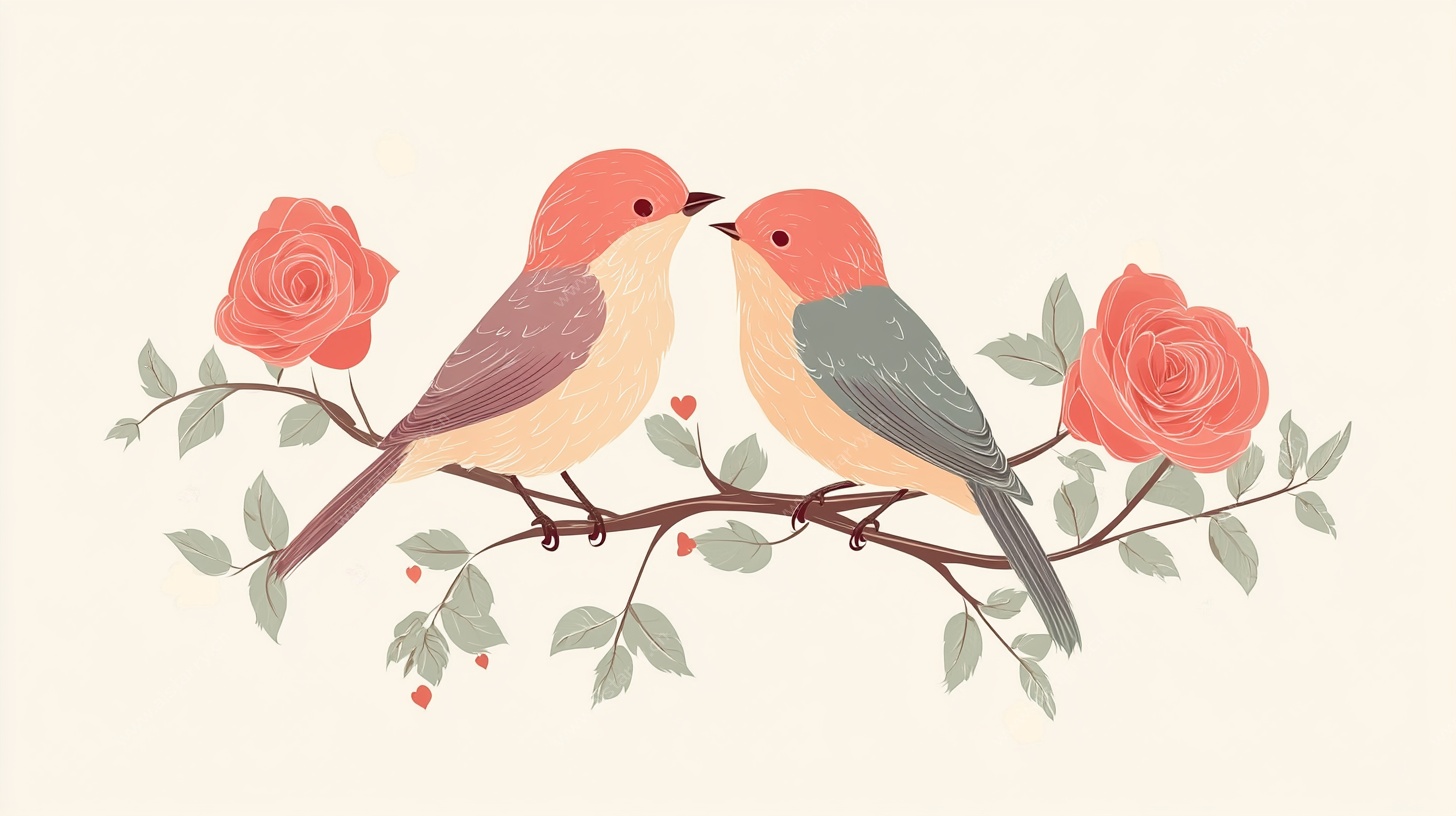 枝头双鸟与玫瑰插画