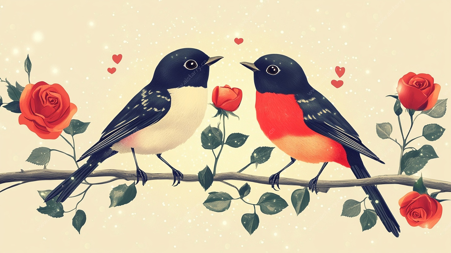 枝头双鸟恋玫瑰