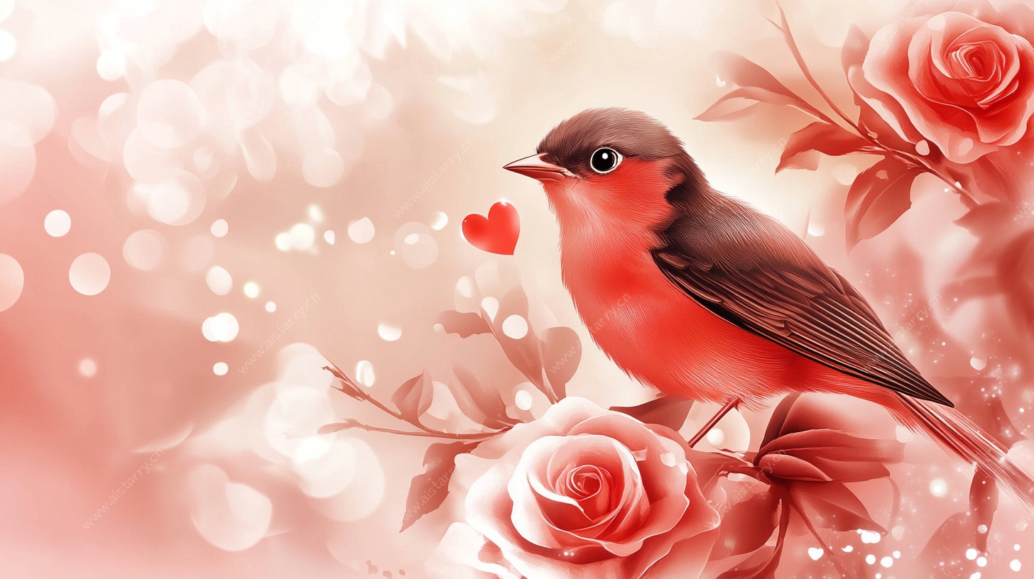 红鸟栖花献爱心图景