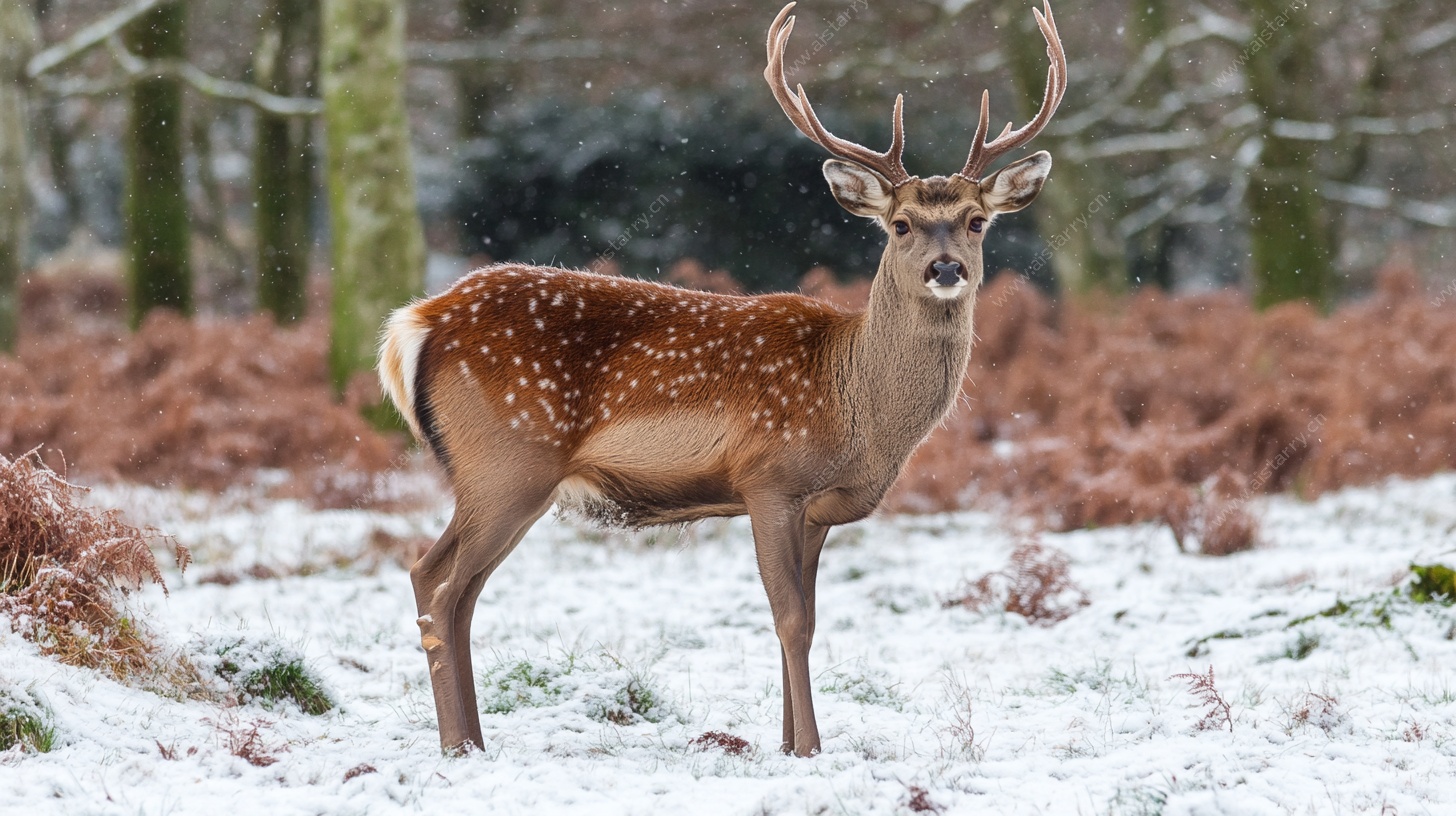 雪林中的优雅梅花鹿