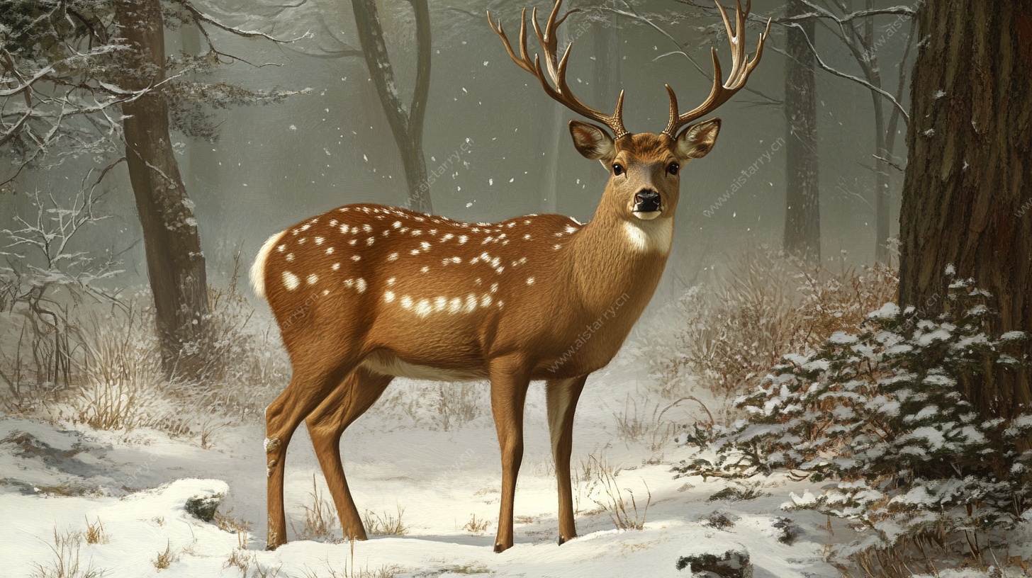 雪地中的梅花鹿