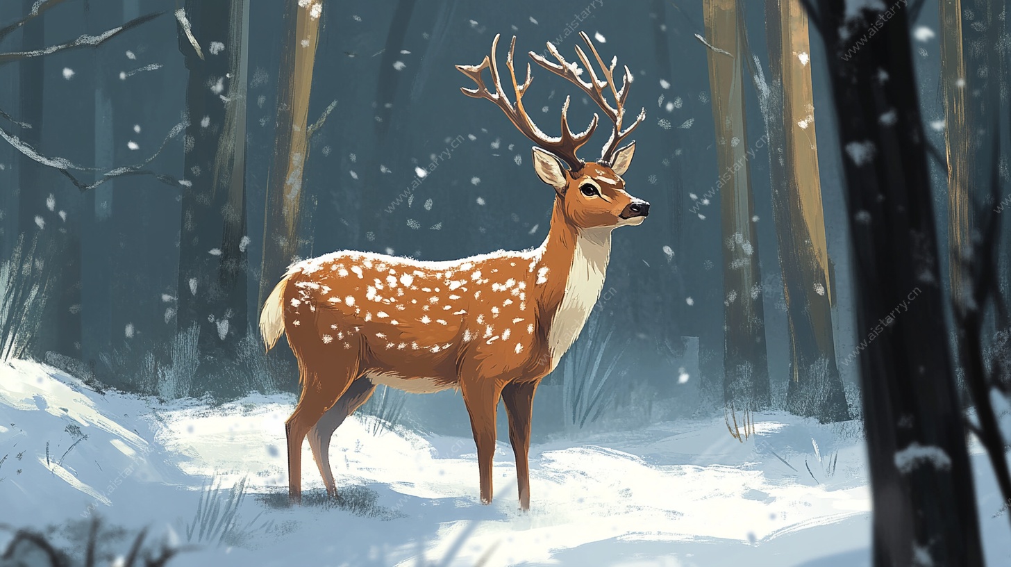 雪林中的优雅梅花鹿