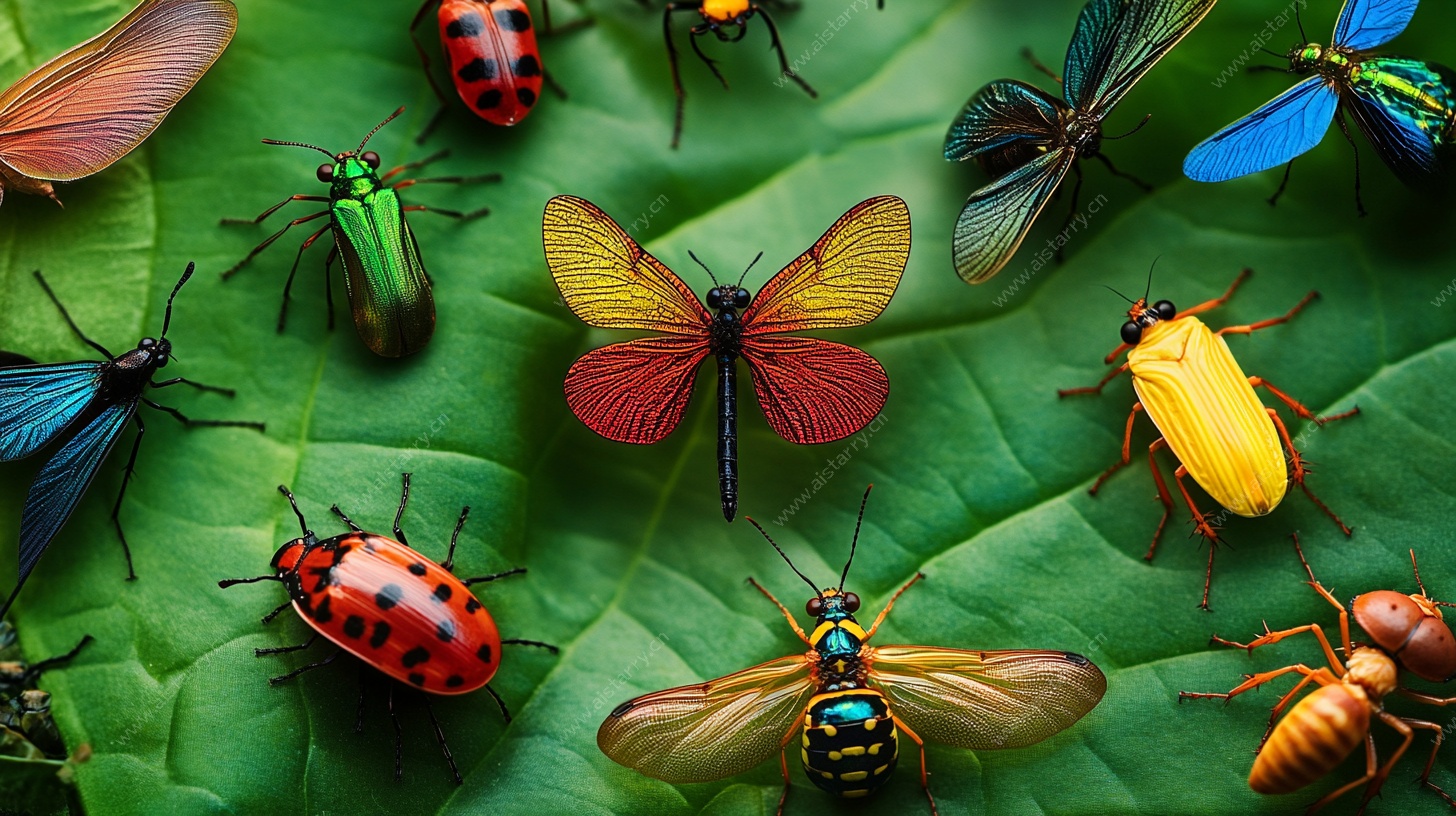 多彩昆虫齐聚绿叶之上
