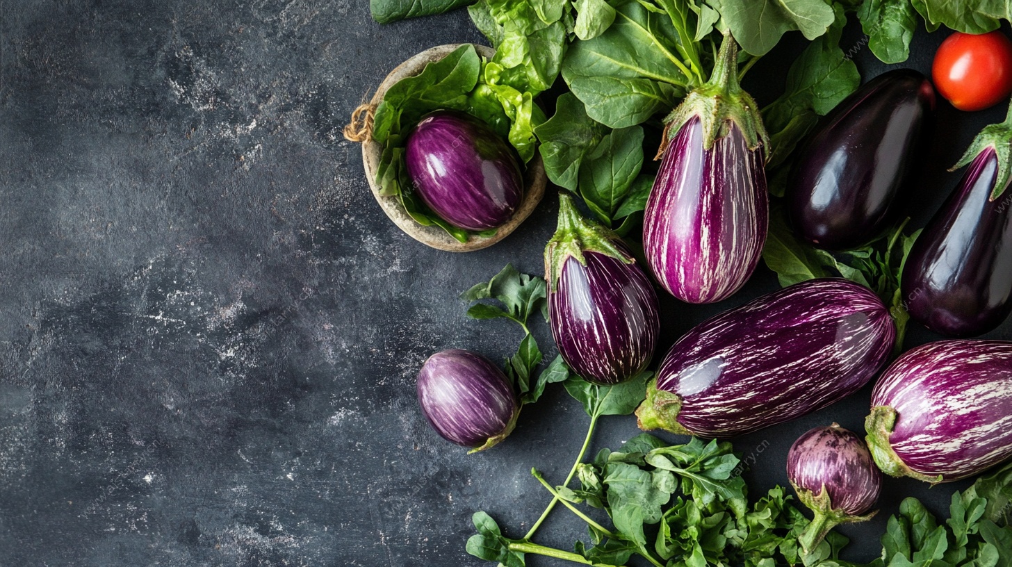 紫茄绿叶的自然静物图