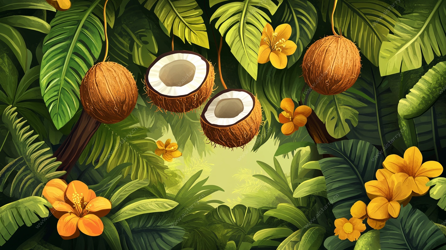 热带椰林花卉插画