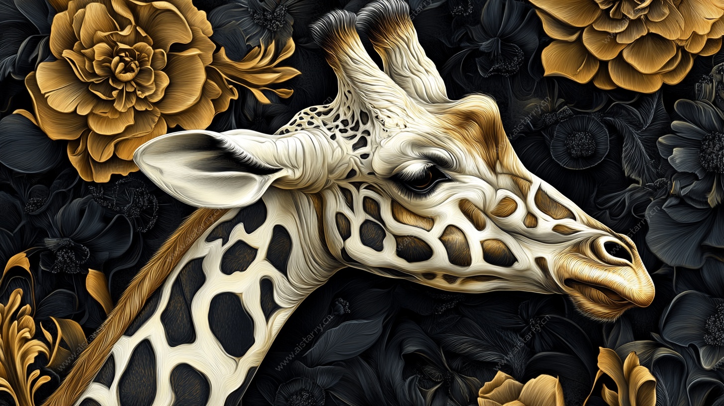 金色花卉间的长颈鹿头像