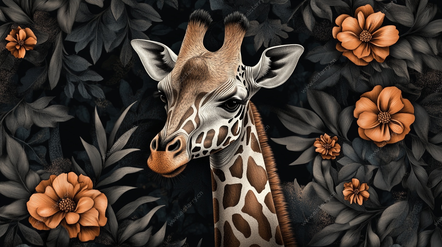 长颈鹿与花卉的梦幻插画