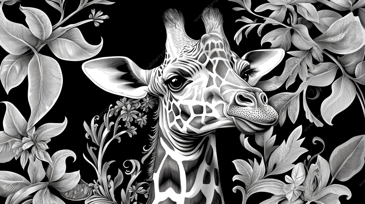 长颈鹿与花叶的黑白插画