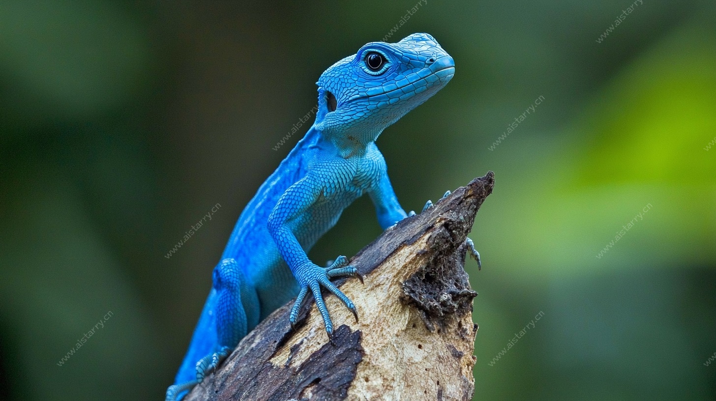 蓝色蜥蜴栖息枝头特写