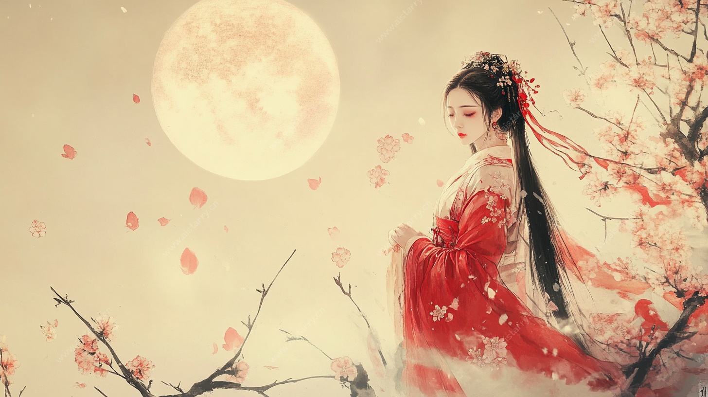 红衣女子月下赏樱图