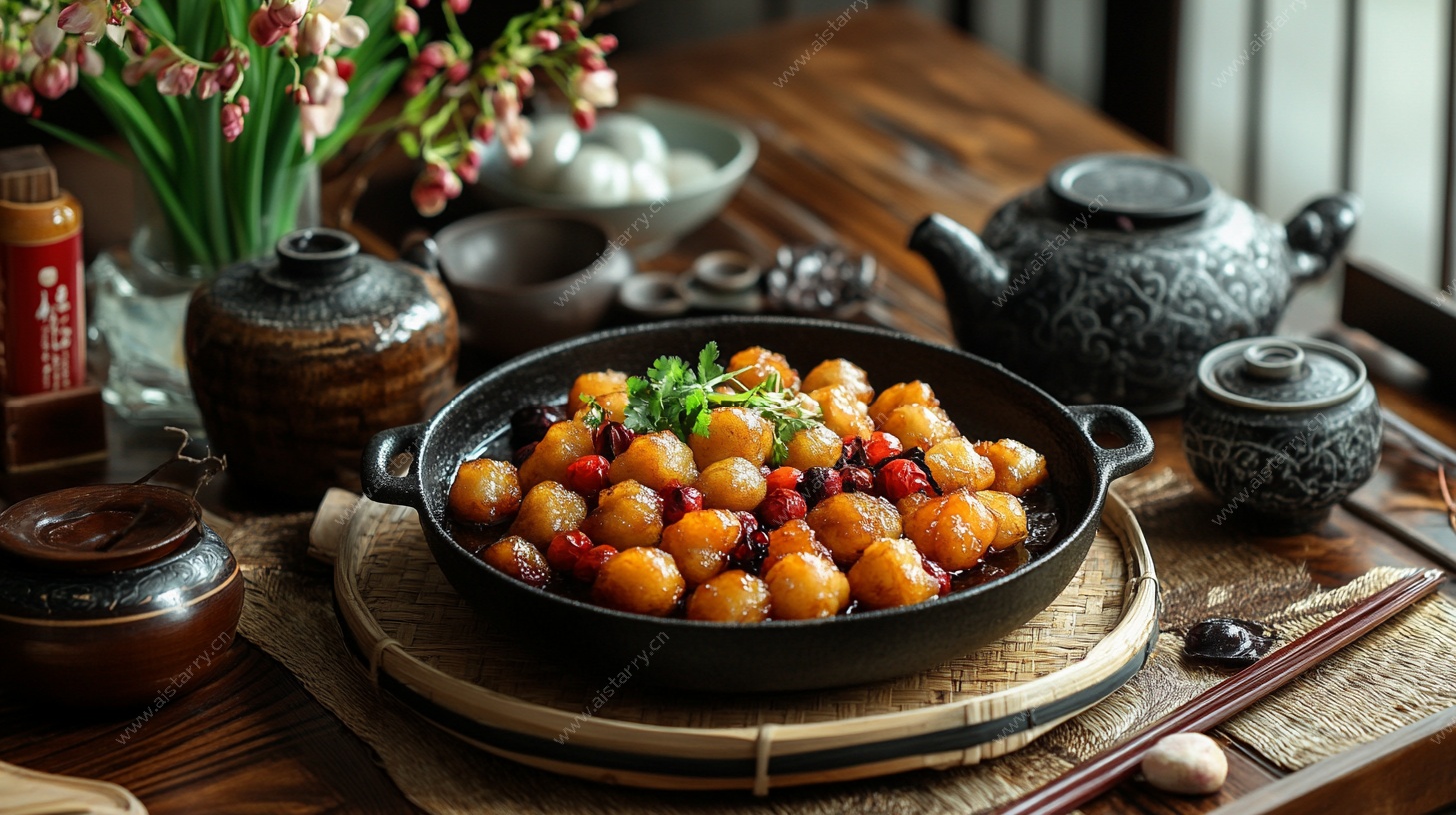 中式佳肴与茶具的雅致组合