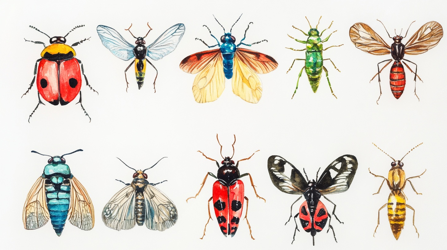 水彩绘多彩昆虫集合