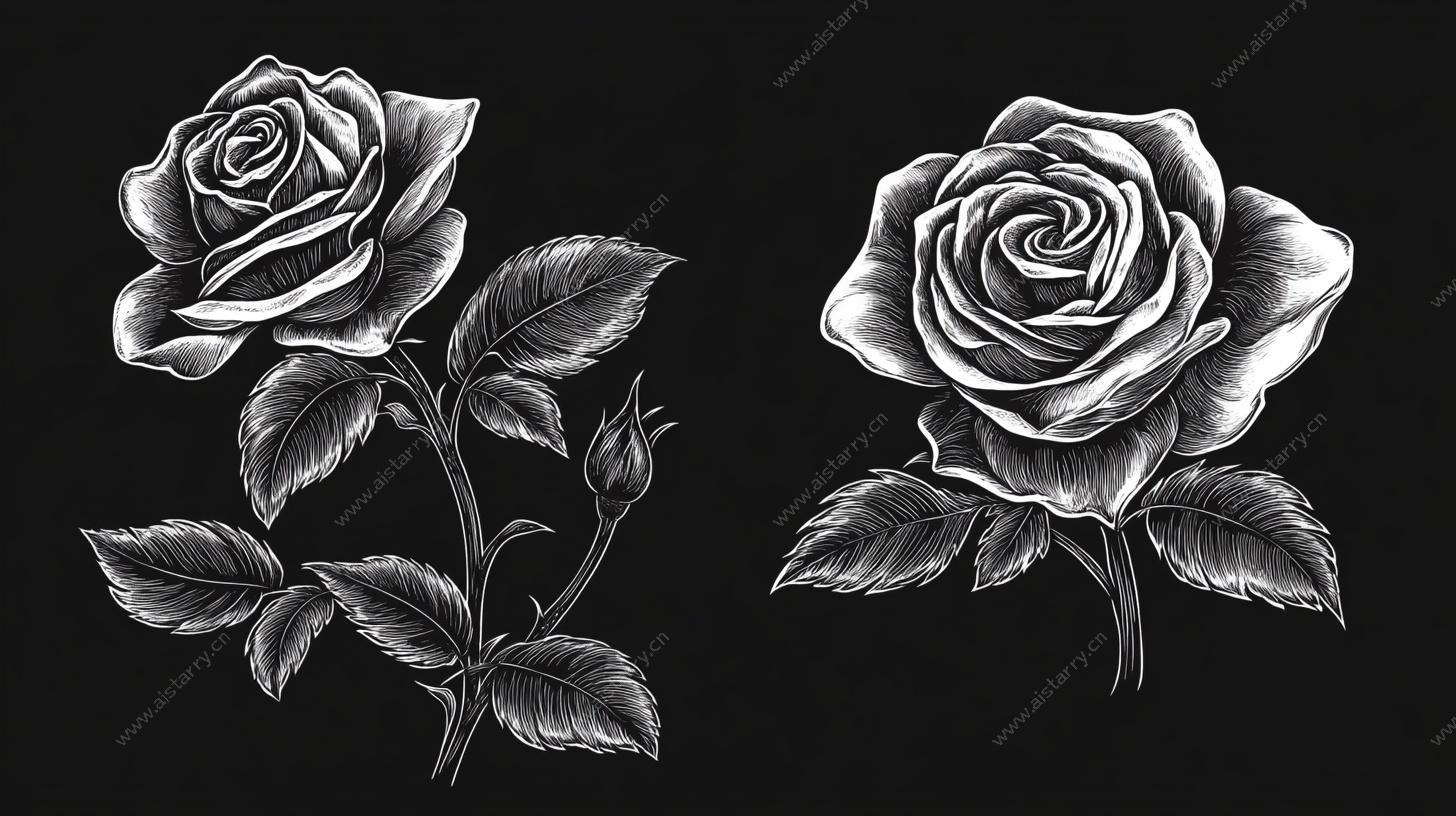黑白手绘双朵玫瑰花