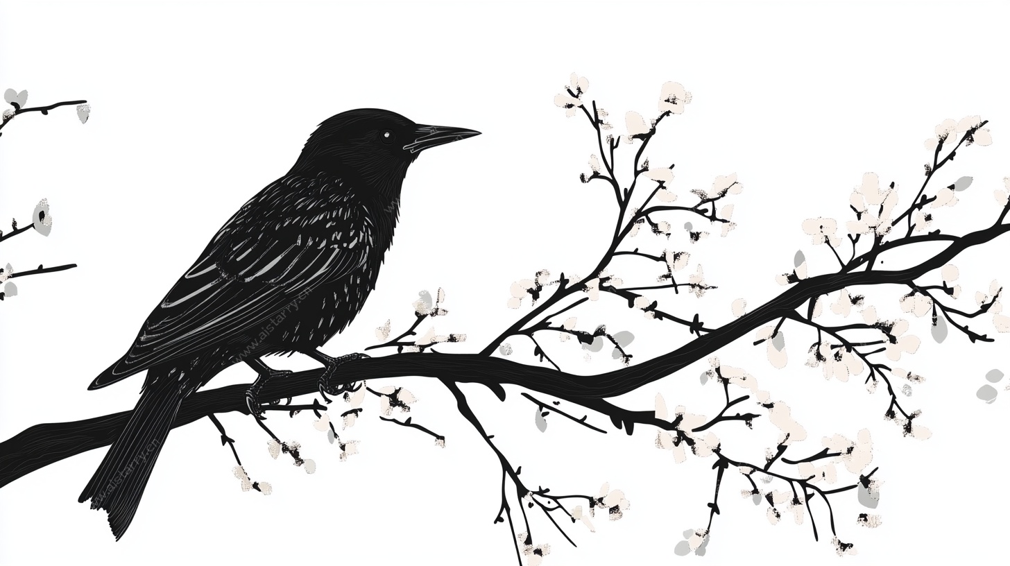 枝头黑鸟水墨画