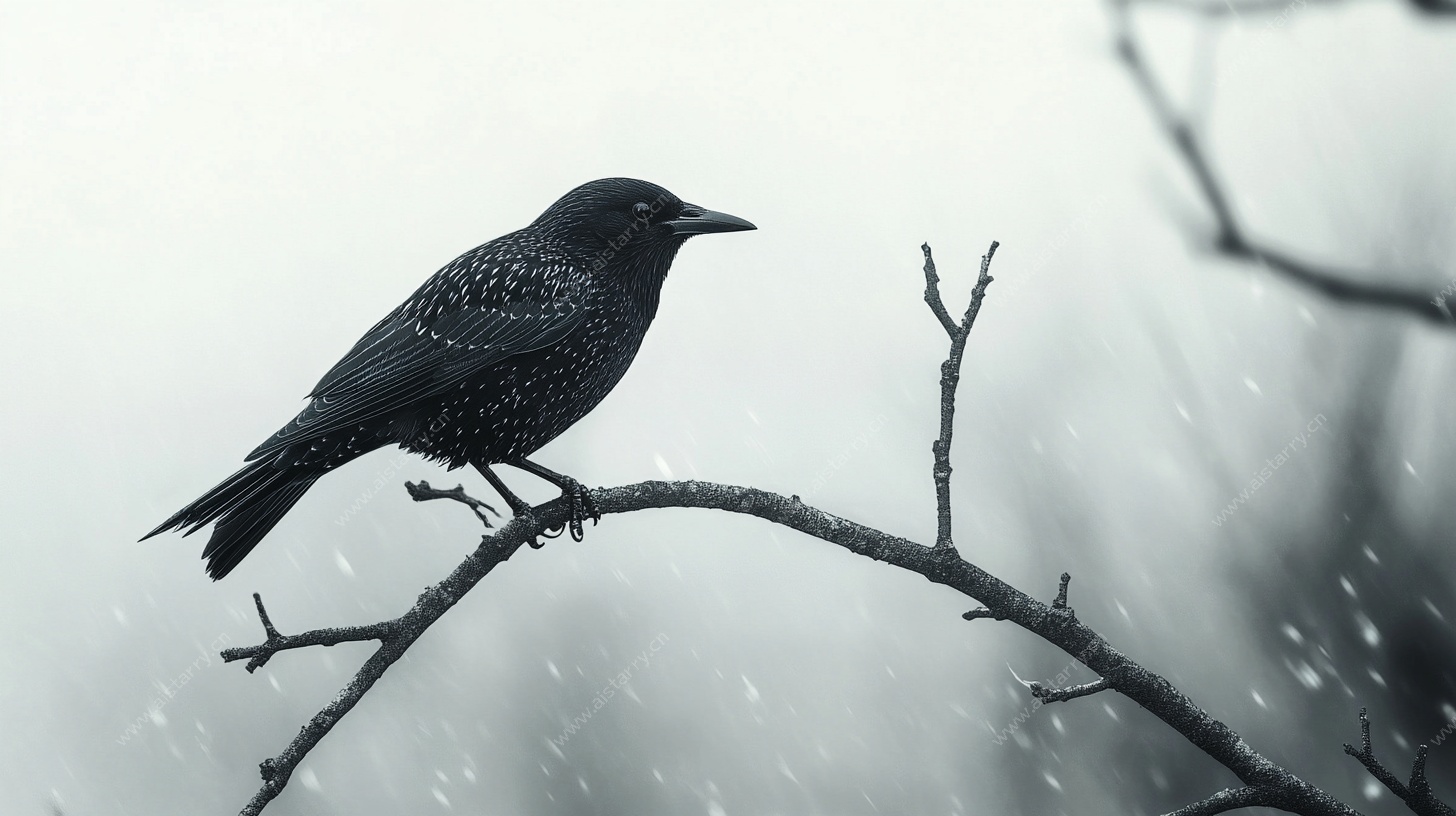 雪中黑鸟栖于枝桠