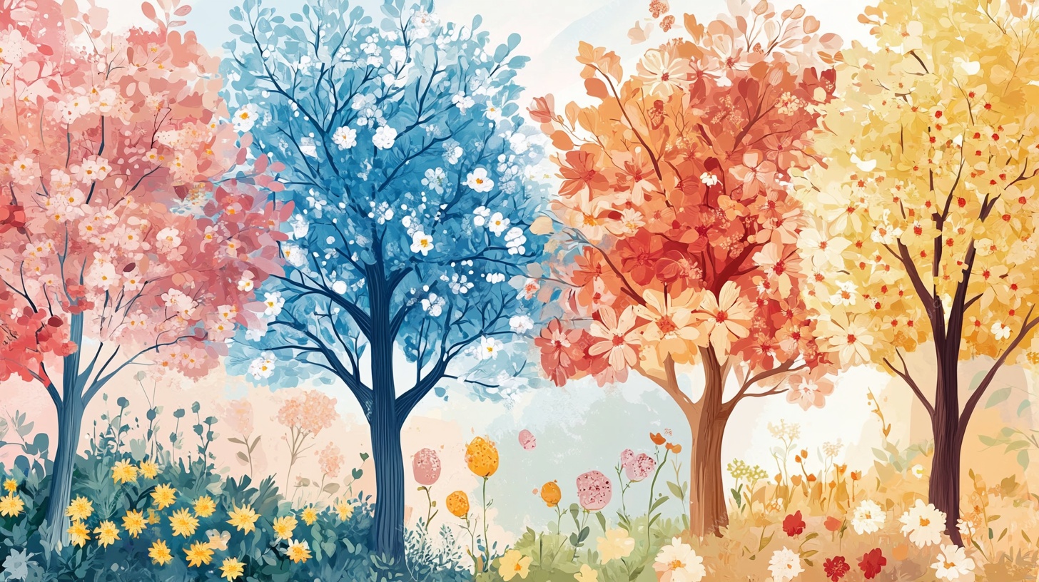 四季斑斓之树景插画