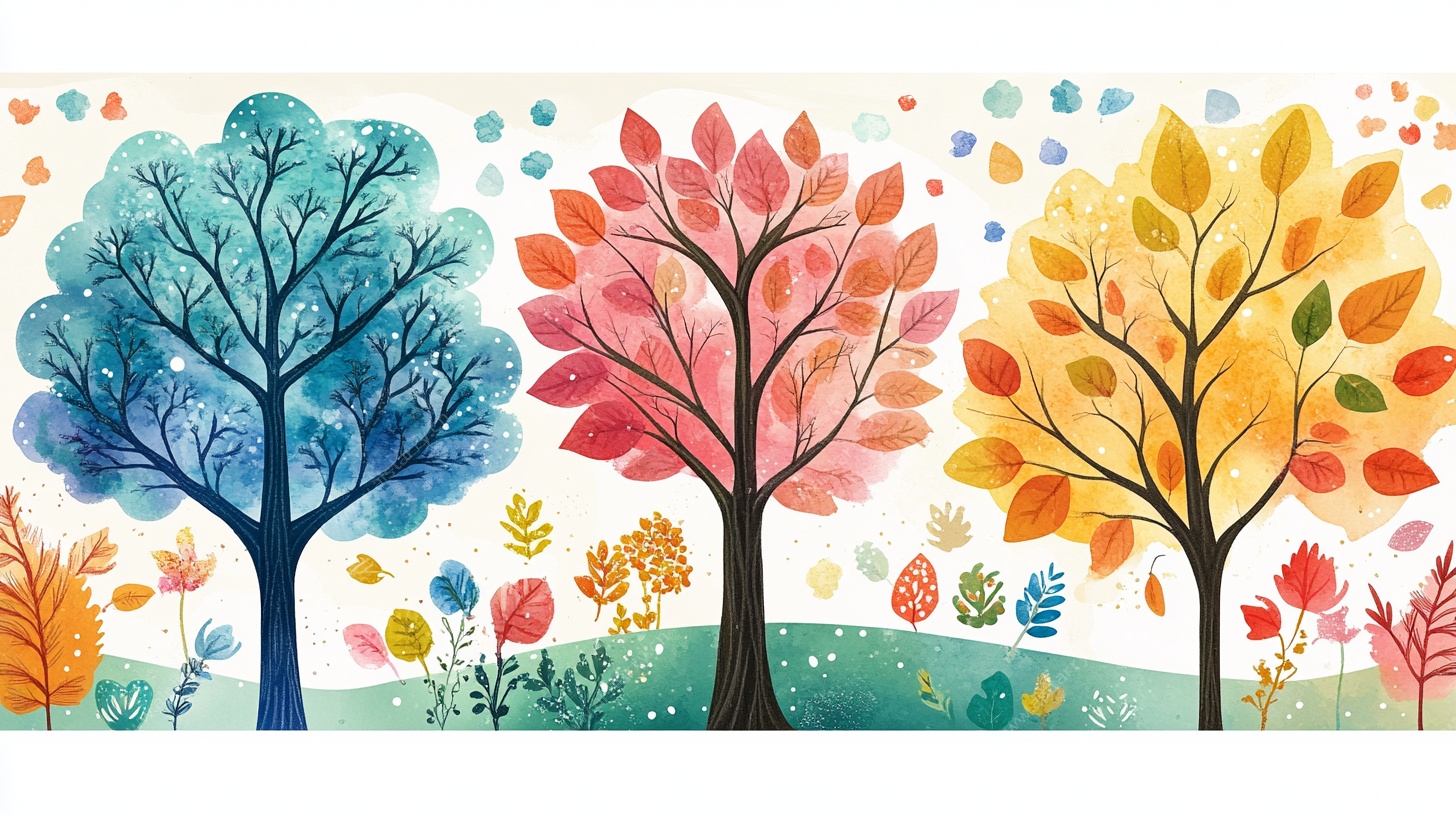 多彩秋日树木插画