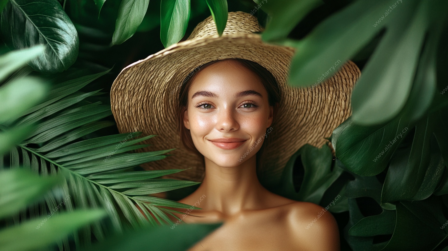 草帽少女置身绿植间微笑