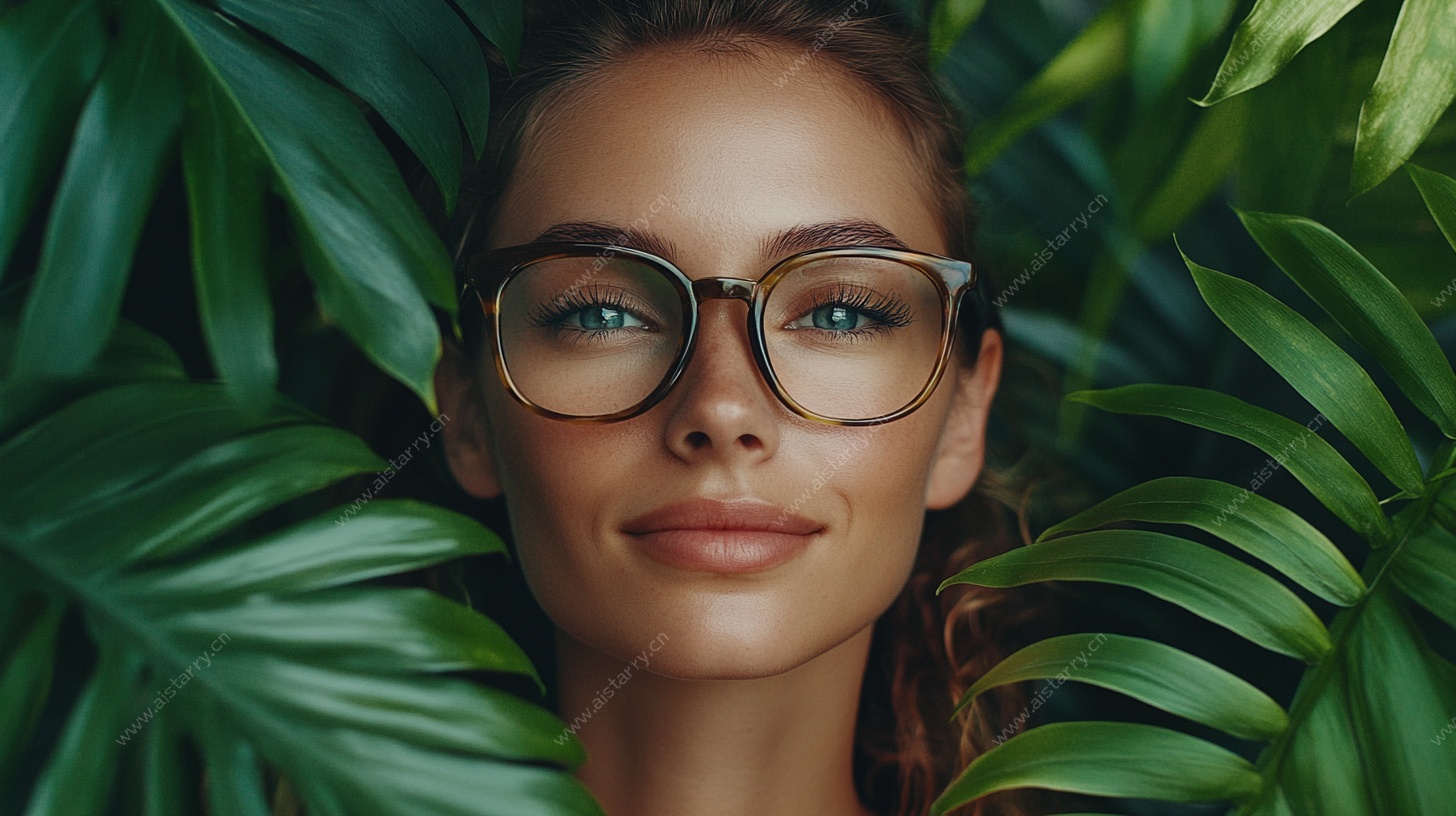 绿叶环绕的时尚眼镜美女