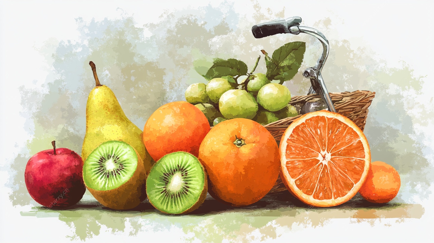 水彩风水果与自行车静物图