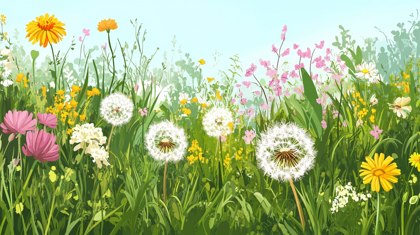 缤纷野花盛放的清新草地