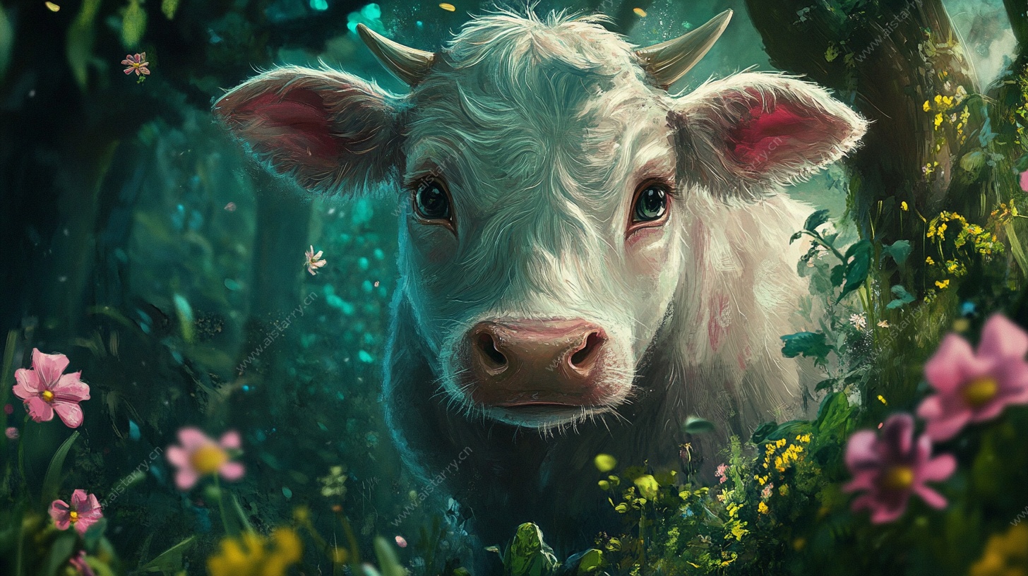 梦幻森林中的白色小牛