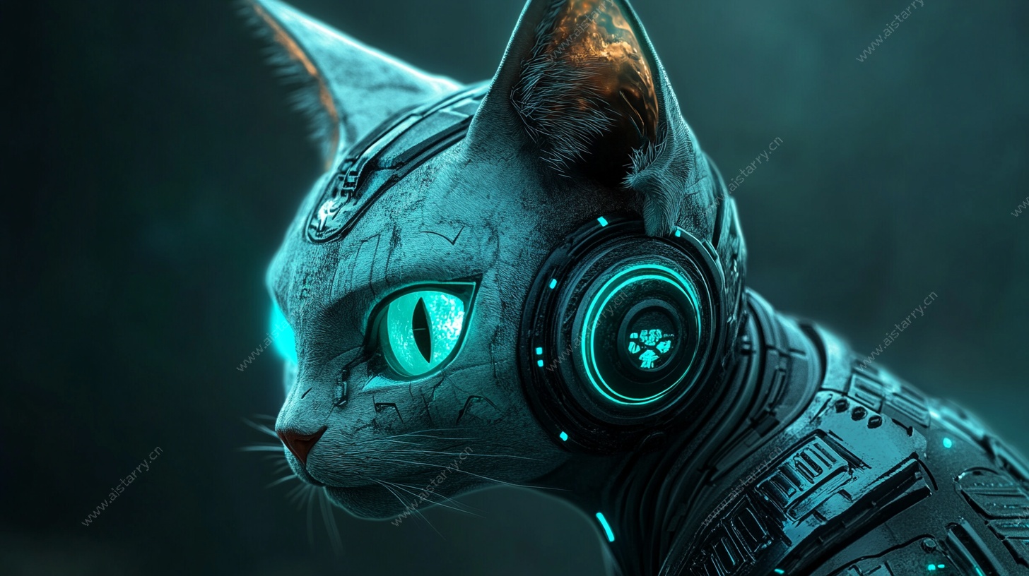 赛博朋克机械猫头部特写