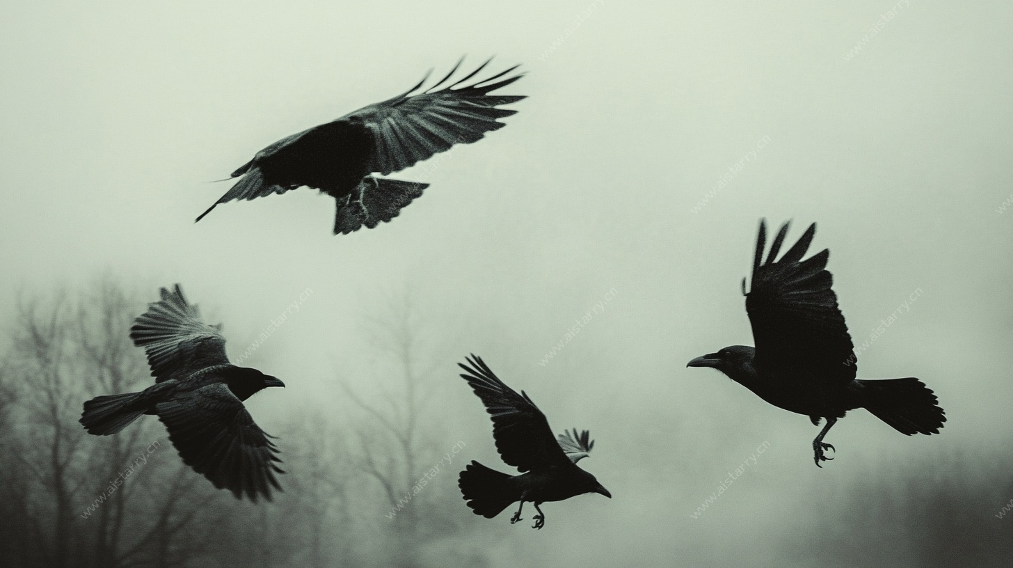群鸦空中翱翔图
