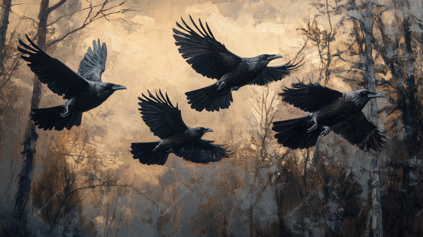 群鸦飞掠林间图