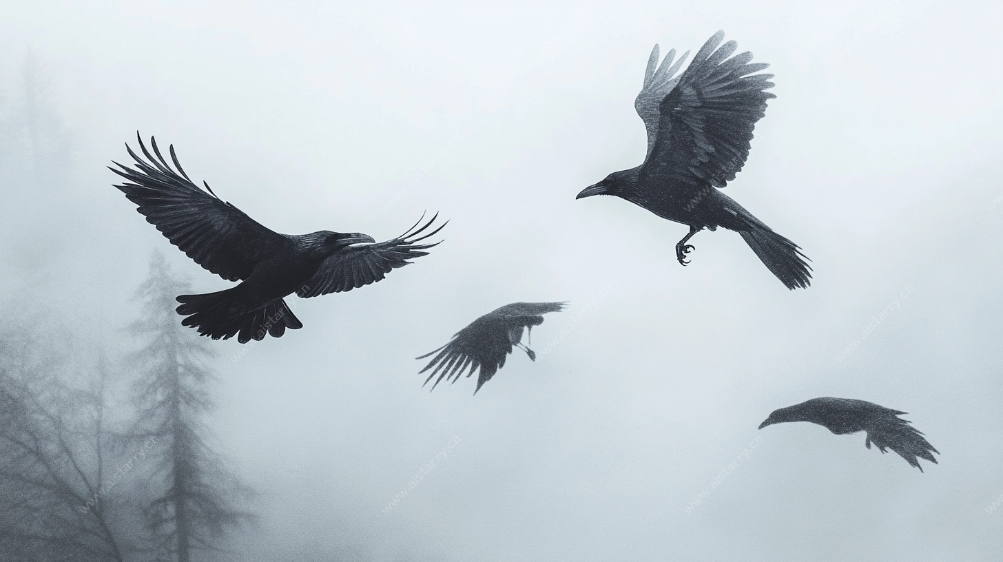 雾中群鸦展翅飞翔